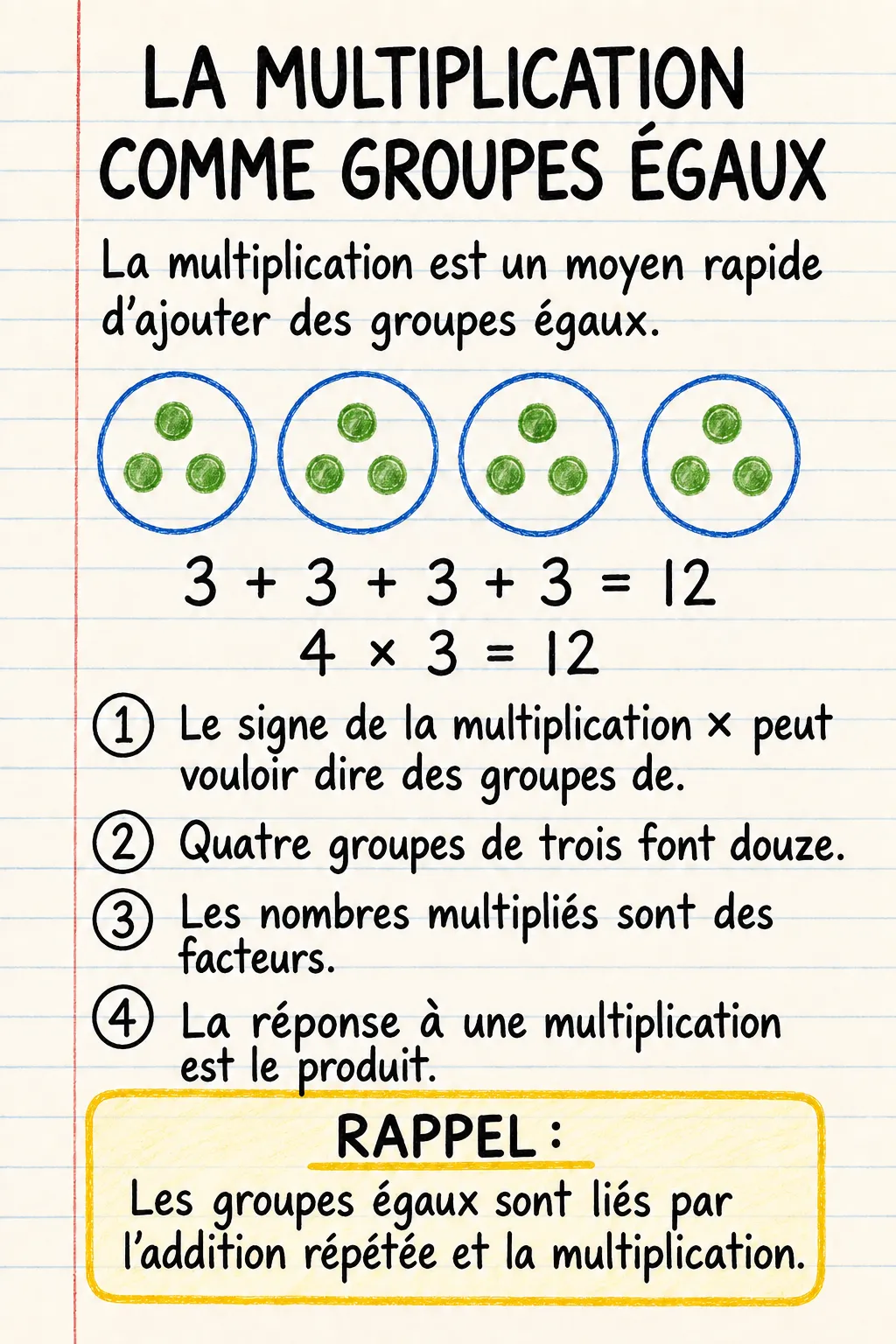 La multiplication comme groupes égaux : une fiche mémo illustrée d’une page pour le primaire.