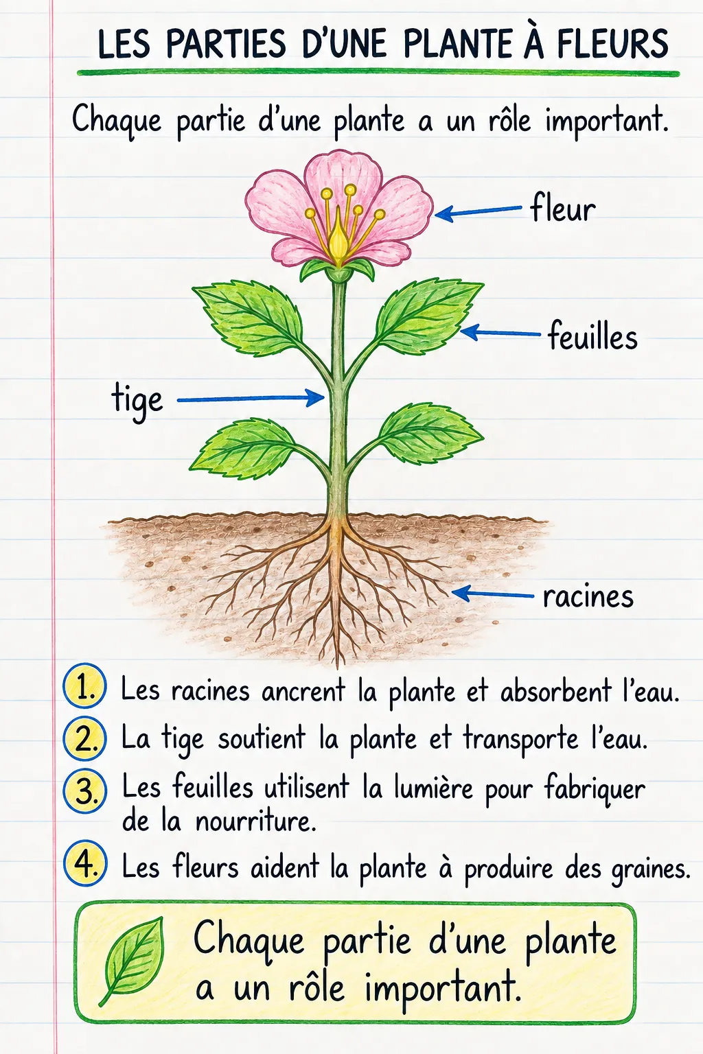 Les parties d’une plante à fleurs : une fiche mémo illustrée d’une page pour le primaire.