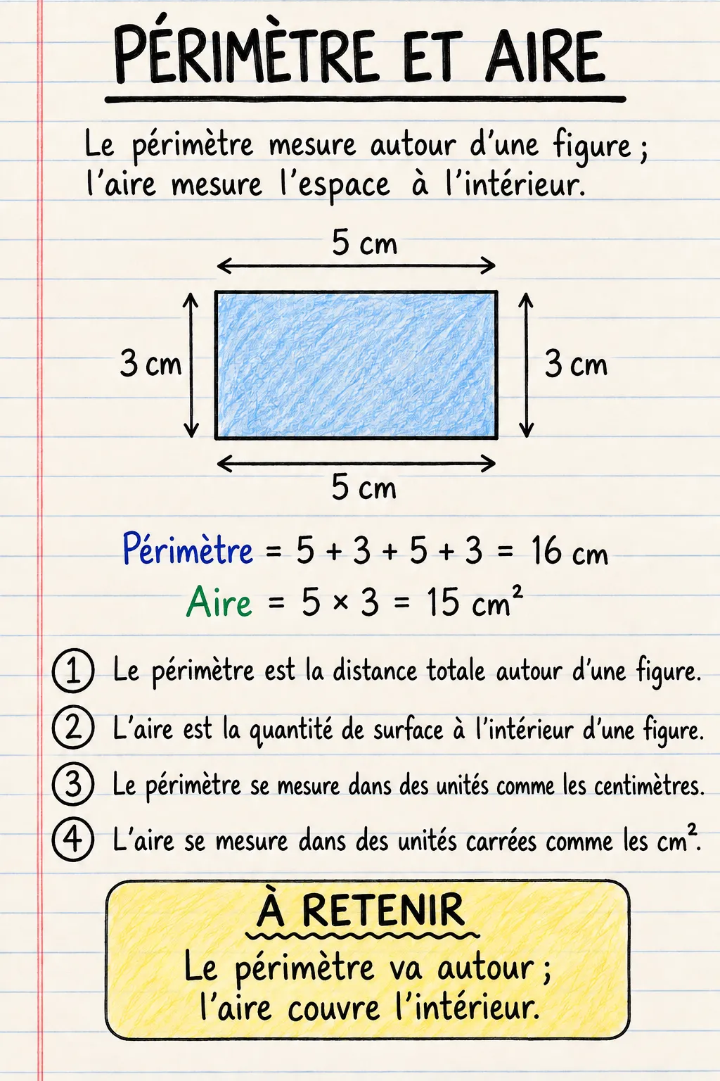 Le périmètre et l’aire : une fiche mémo illustrée d’une page pour le primaire.