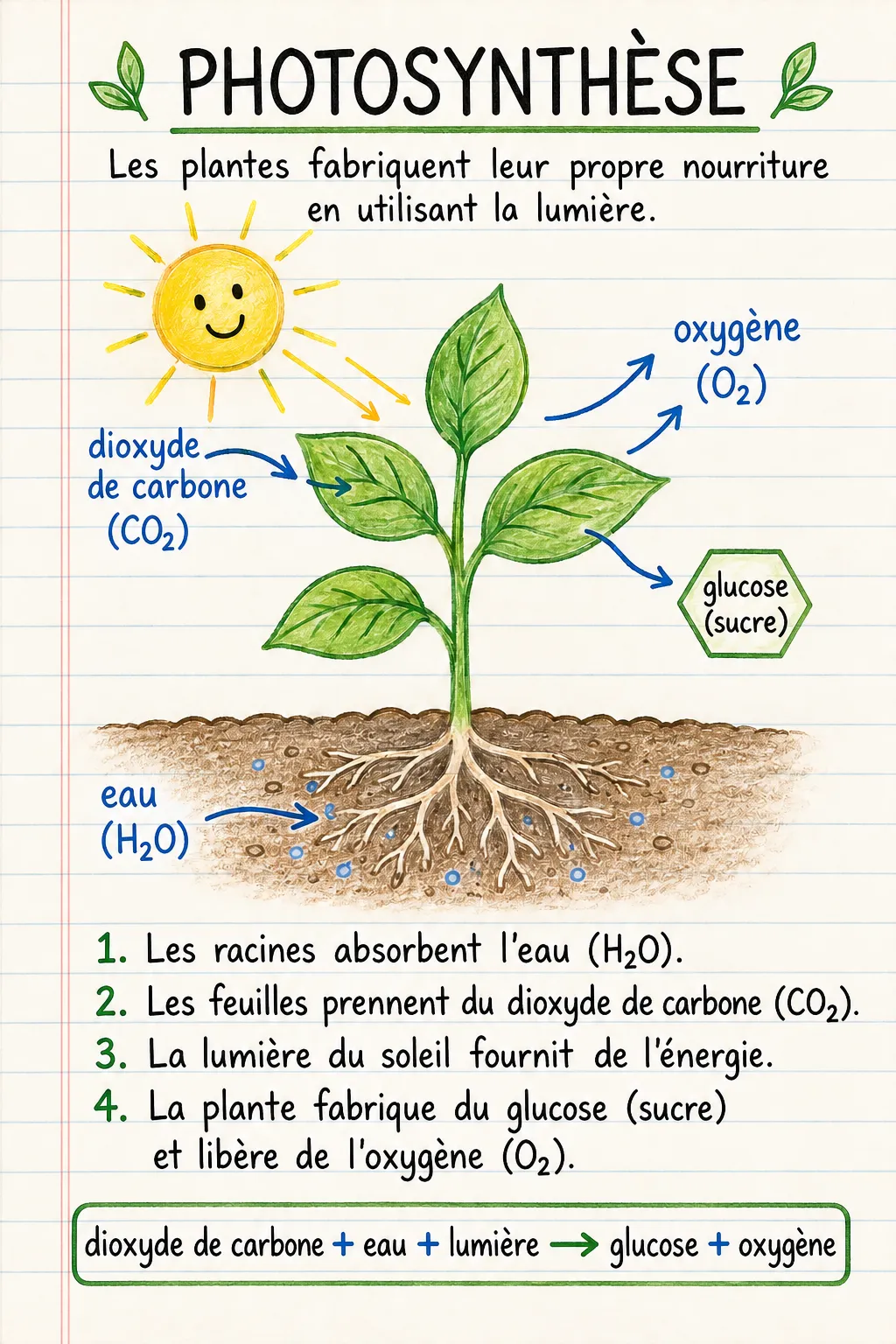Photosynthèse : une fiche mémo illustrée d’une page pour le primaire.