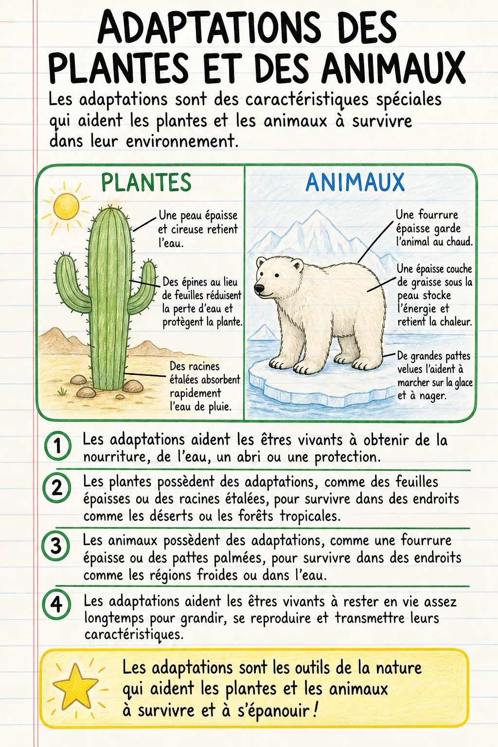 Adaptations des plantes et des animaux : une fiche mémo illustrée d’une page pour le primaire.