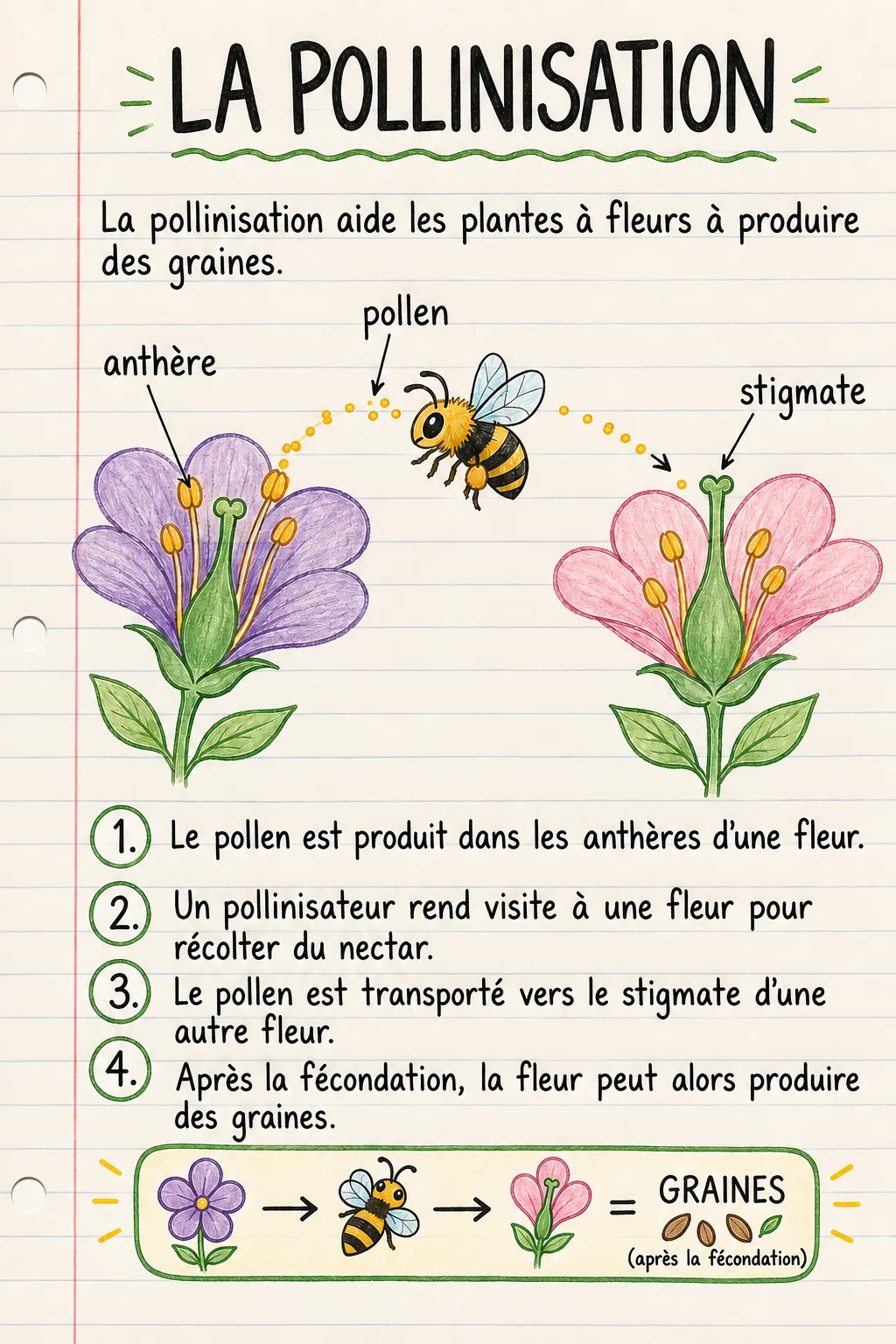 La pollinisation : une fiche mémo illustrée d’une page pour le primaire.