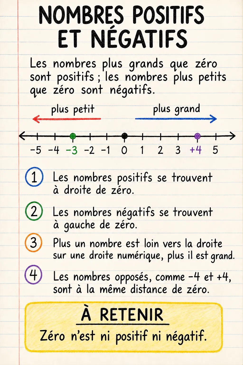 Nombres positifs et négatifs : une fiche mémo illustrée d’une page pour le primaire.