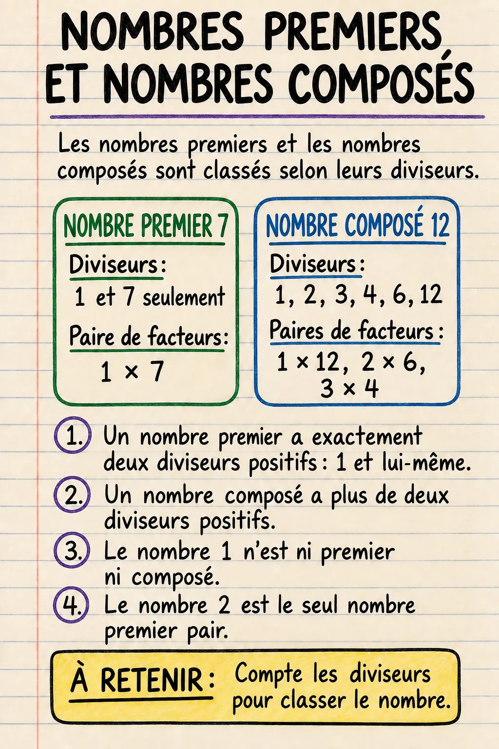 Nombres premiers et nombres composés : une fiche mémo illustrée d’une page pour le primaire.