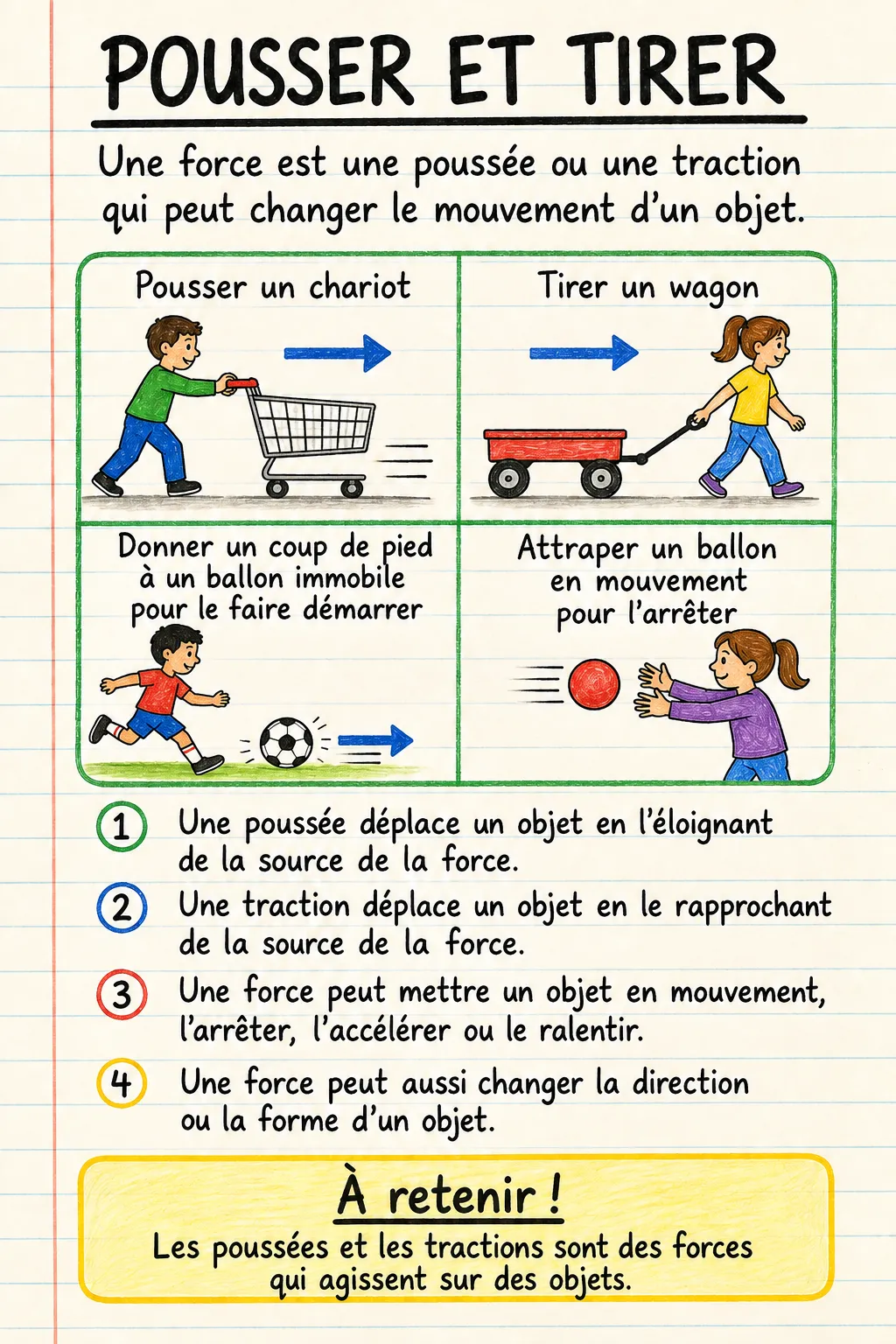 Pousser et tirer : une fiche mémo illustrée d’une page pour le primaire.
