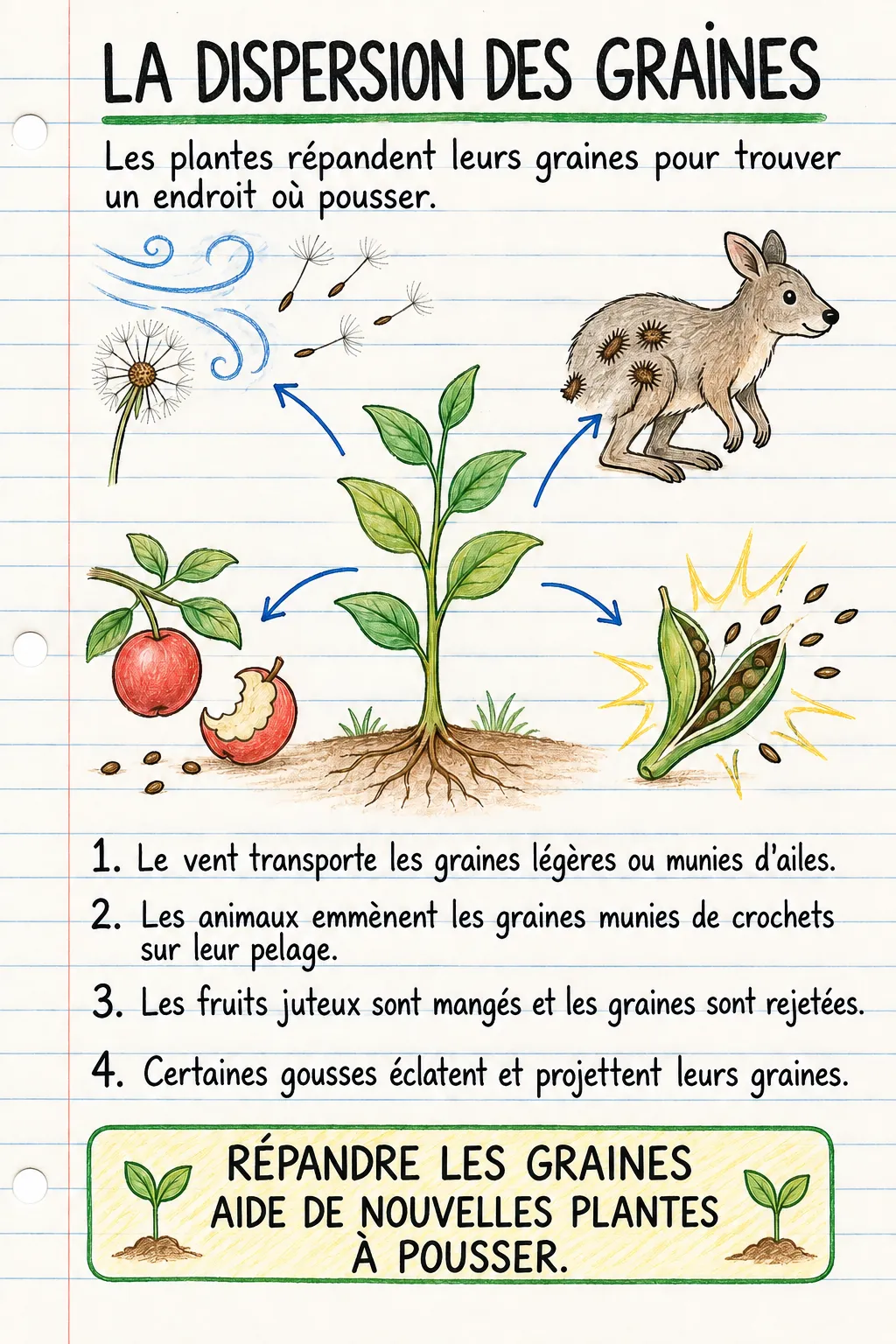 La dispersion des graines : une fiche mémo illustrée d’une page pour le primaire.