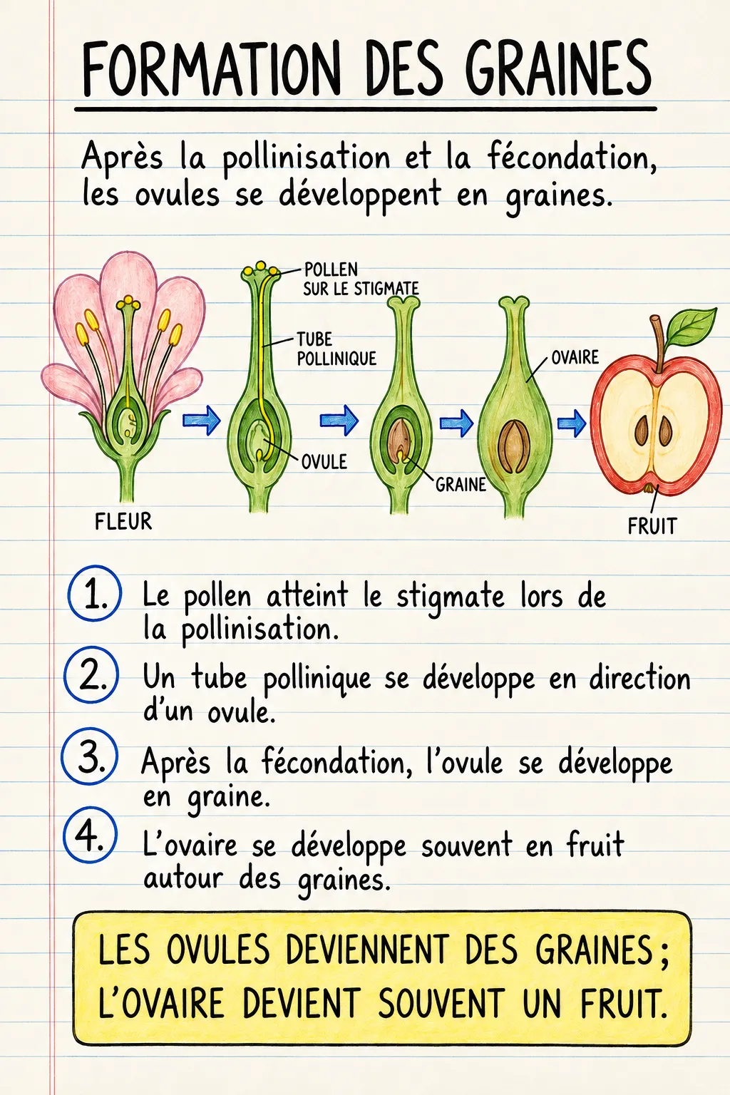 Formation des graines : une fiche mémo illustrée d’une page pour le primaire.
