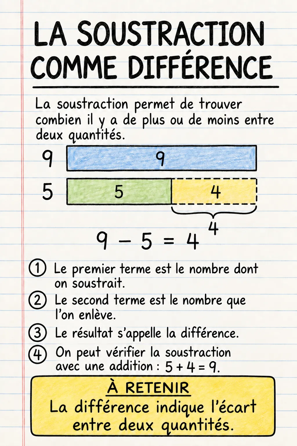 La soustraction comme différence : une fiche mémo illustrée d’une page pour le primaire.