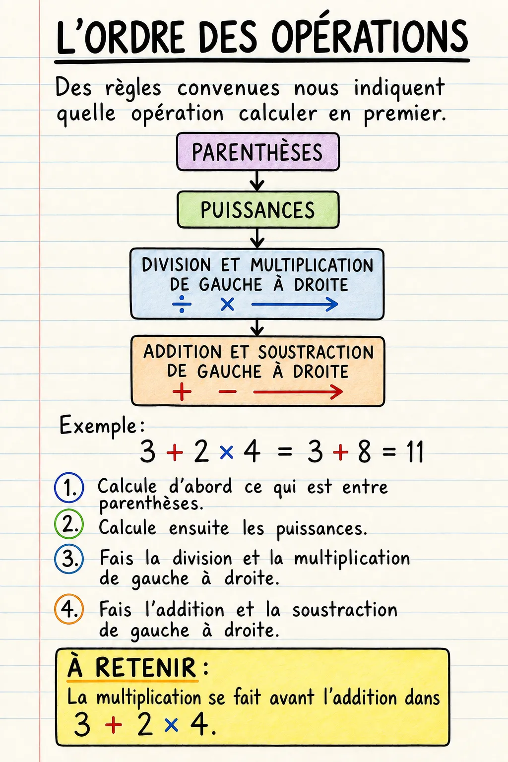 L’ordre des opérations : une fiche mémo illustrée d’une page pour le primaire.