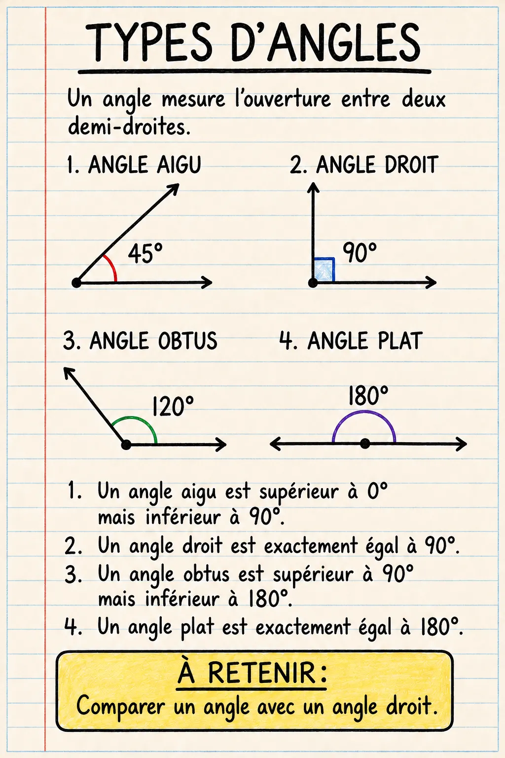 Les types d’angles : une fiche mémo illustrée d’une page pour le primaire.