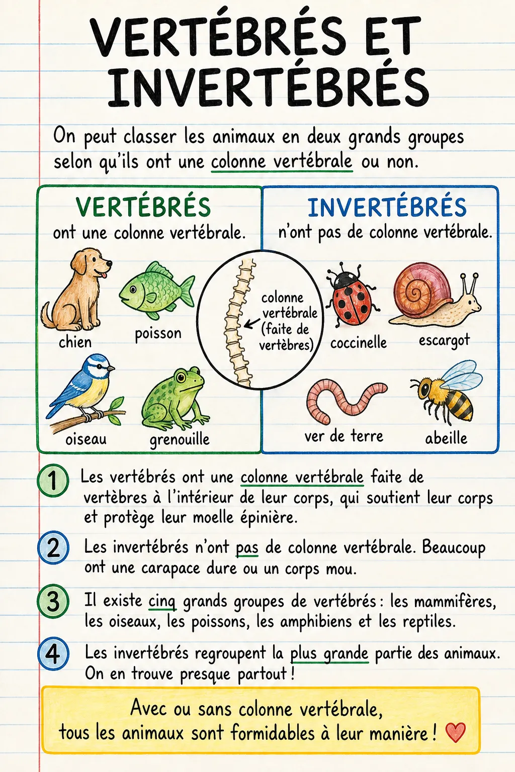 Vertébrés et invertébrés : une fiche mémo illustrée d’une page pour le primaire.