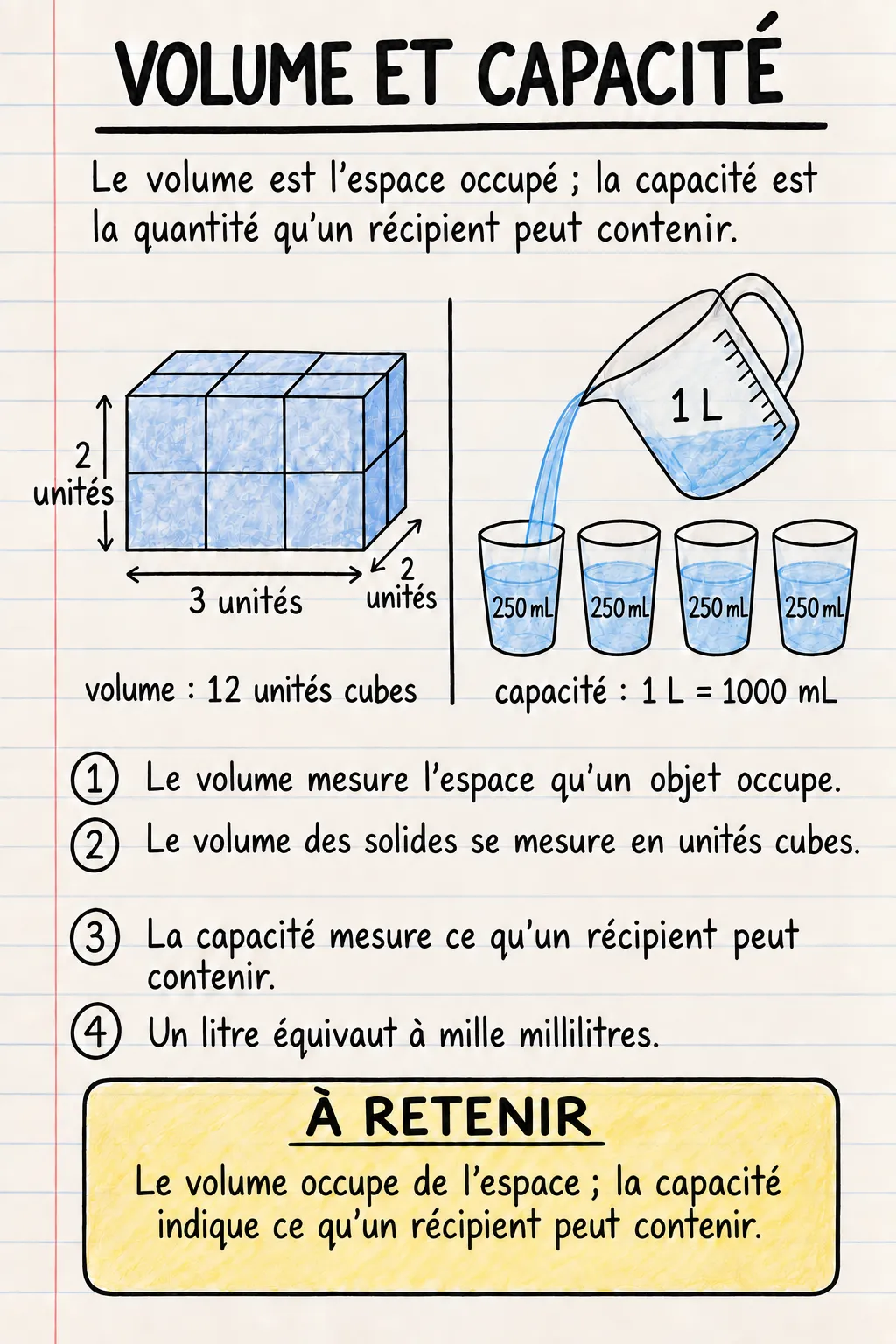 Le volume et la contenance : une fiche mémo illustrée d’une page pour le primaire.