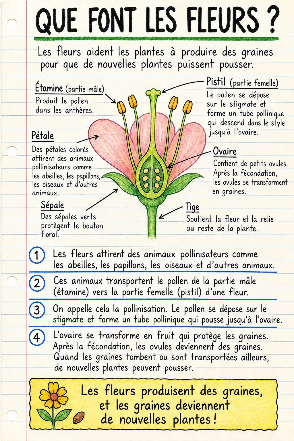 Que font les fleurs ? : une fiche mémo illustrée d’une page pour le primaire.