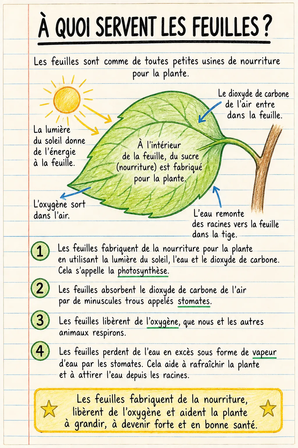 À quoi servent les feuilles ? : une fiche mémo illustrée d’une page pour le primaire.