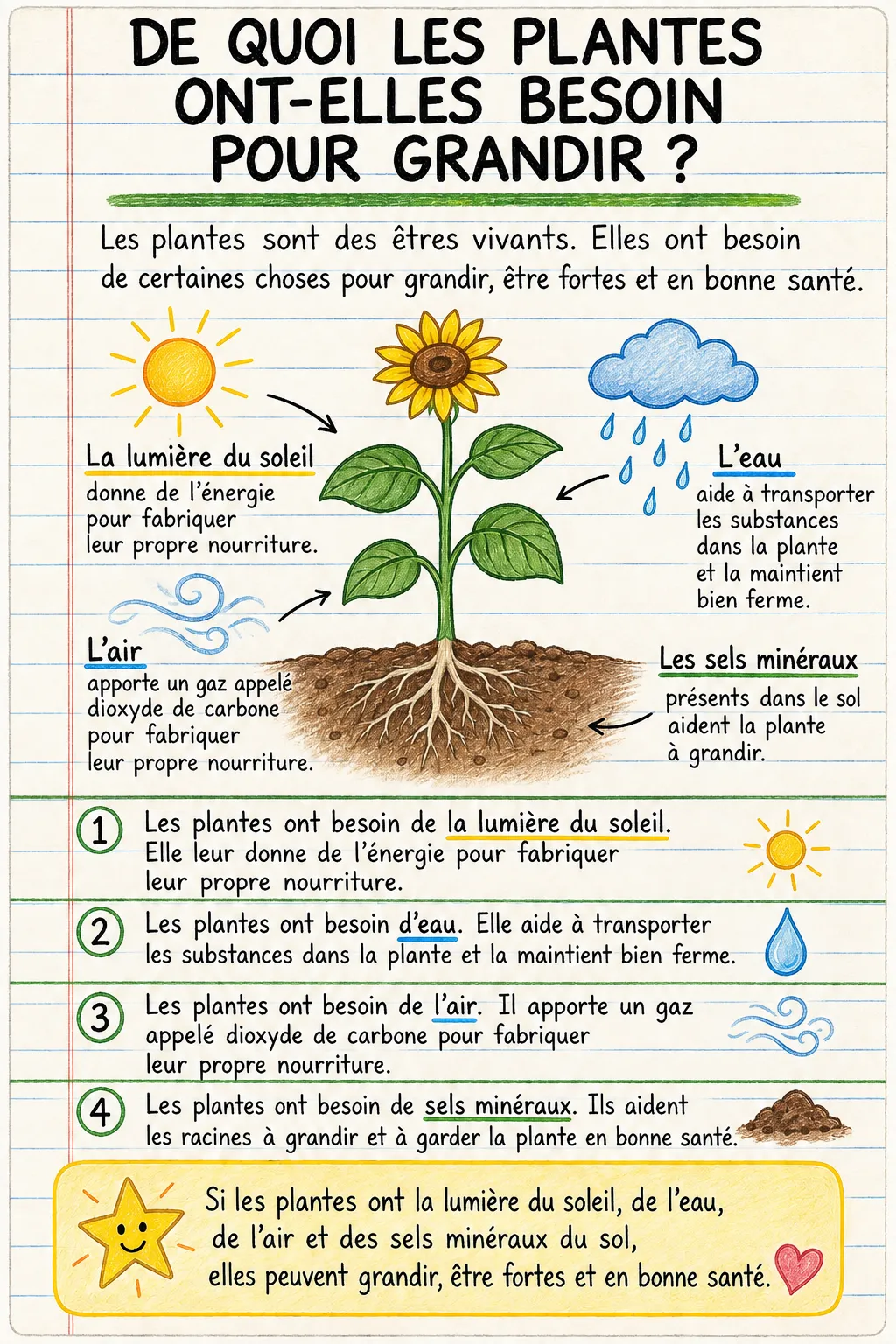 De quoi les plantes ont-elles besoin pour grandir ? : une fiche mémo illustrée d’une page pour le primaire.