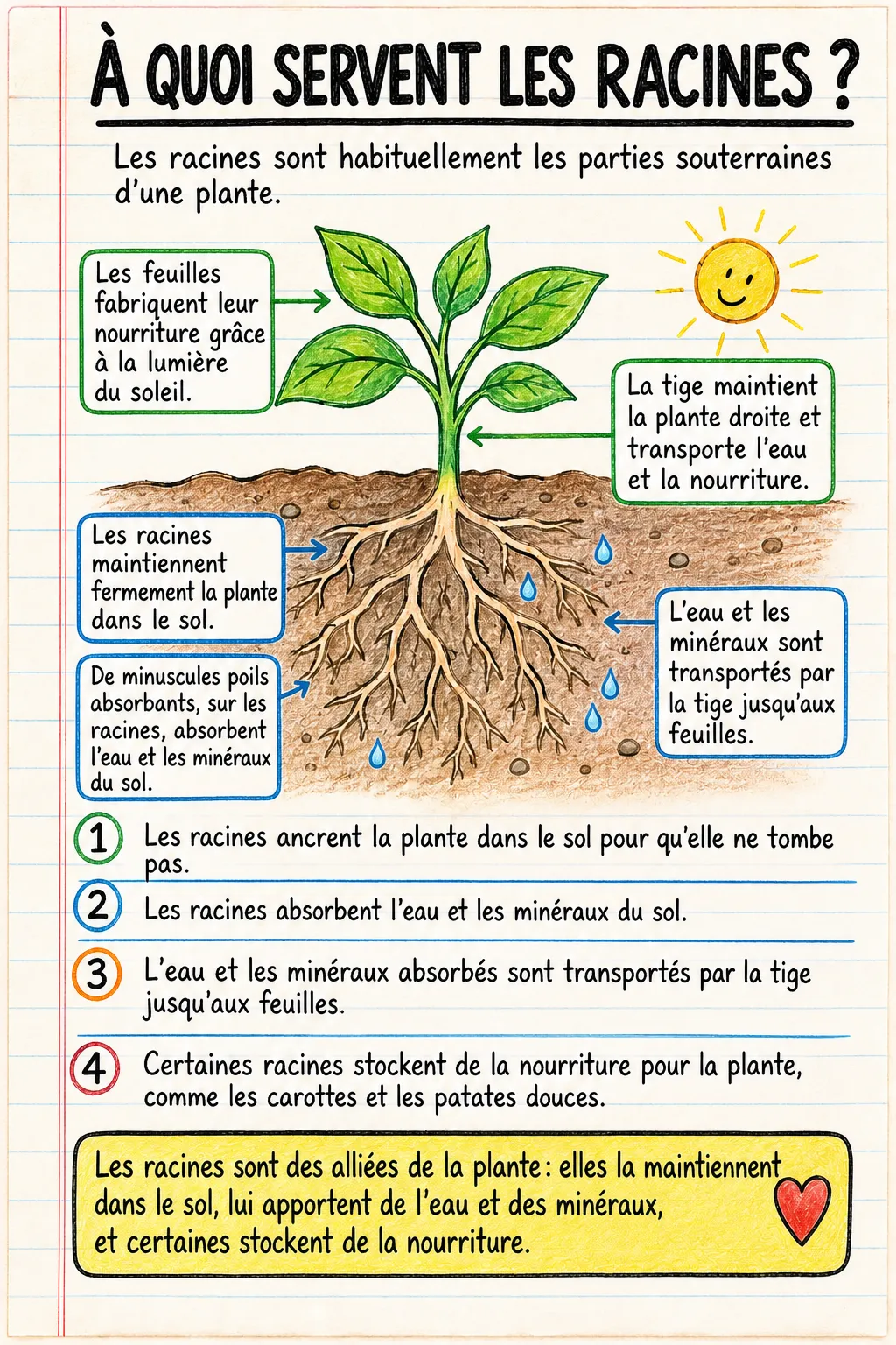 À quoi servent les racines ? : une fiche mémo illustrée d’une page pour le primaire.