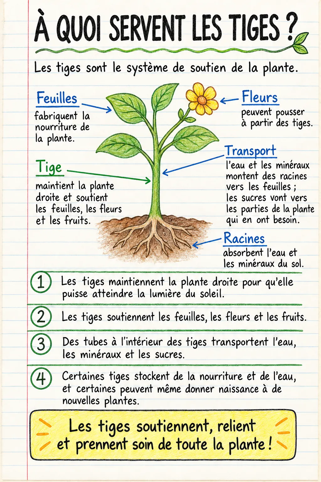 À quoi servent les tiges ? : une fiche mémo illustrée d’une page pour le primaire.