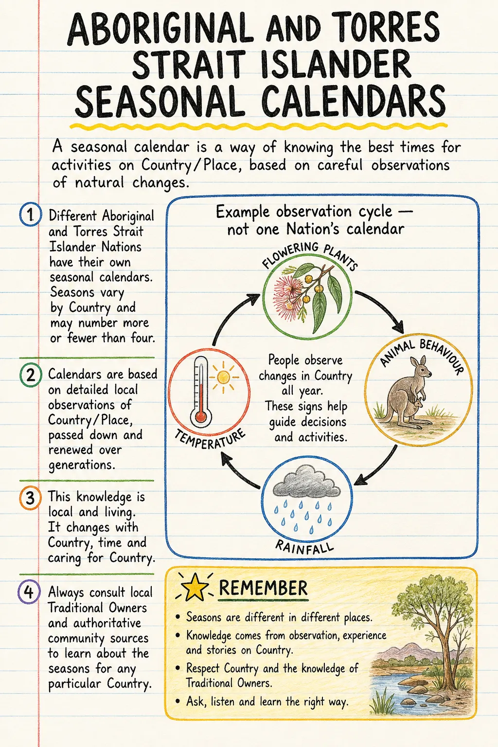 Aboriginal and Torres Strait Islander seasonal calendars : une fiche manuscrite illustrée d’une page pour le primaire. Texte de l’image en anglais.