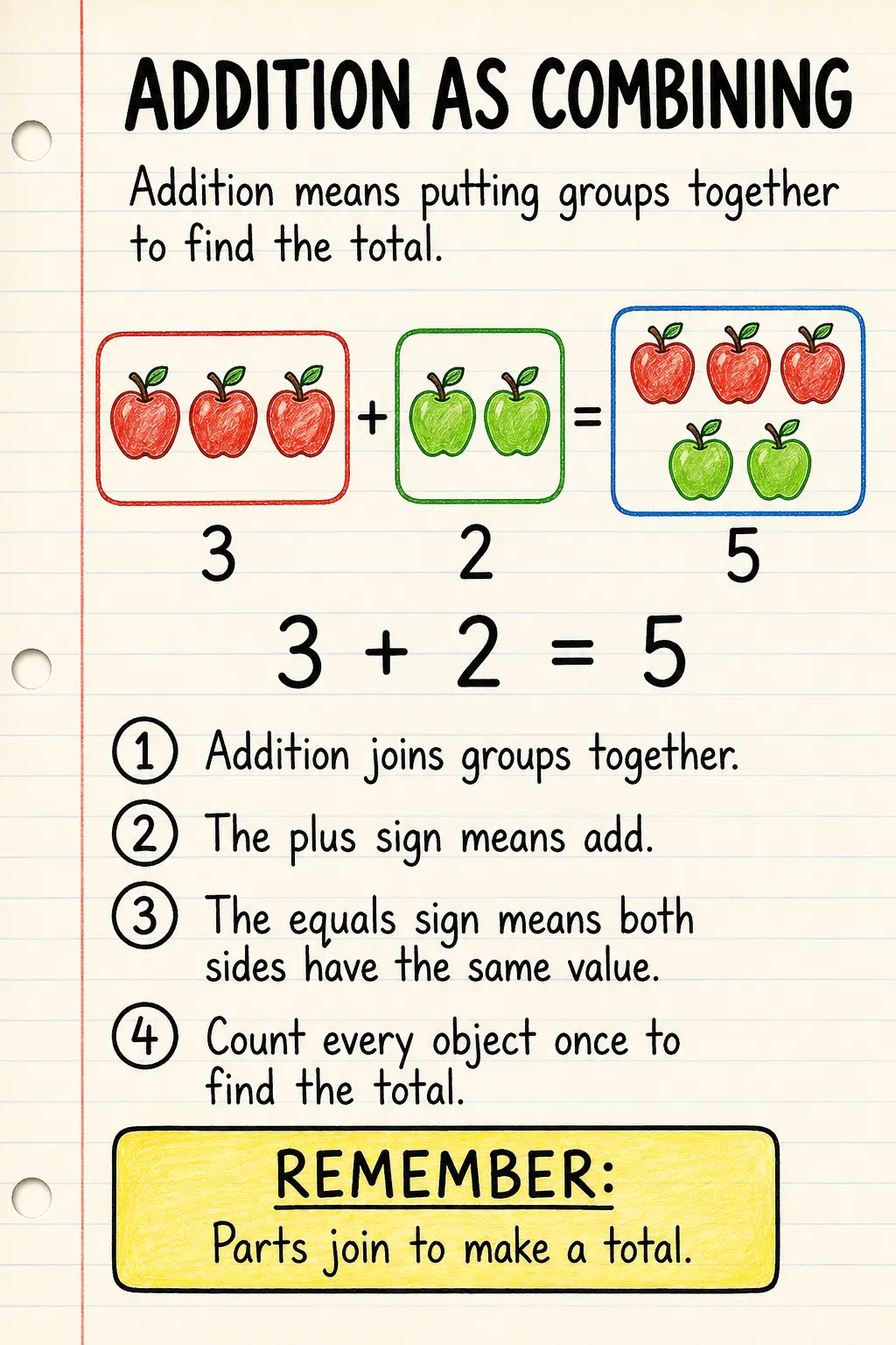 Addition as combining: a handwritten, illustrated one-page guide for primary school.
