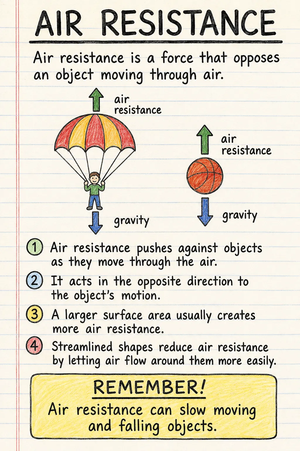 Air resistance: a handwritten, illustrated one-page guide for primary school.