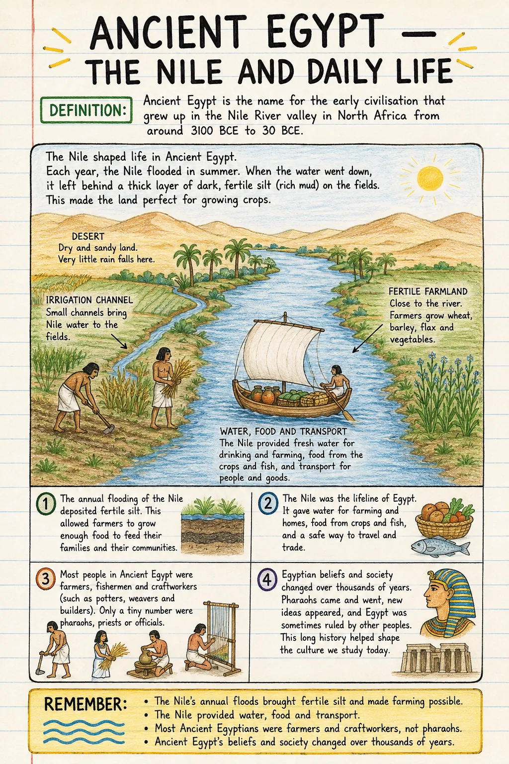 Ancient Egypt: the Nile and daily life : une fiche manuscrite illustrée d’une page pour le primaire. Texte de l’image en anglais.