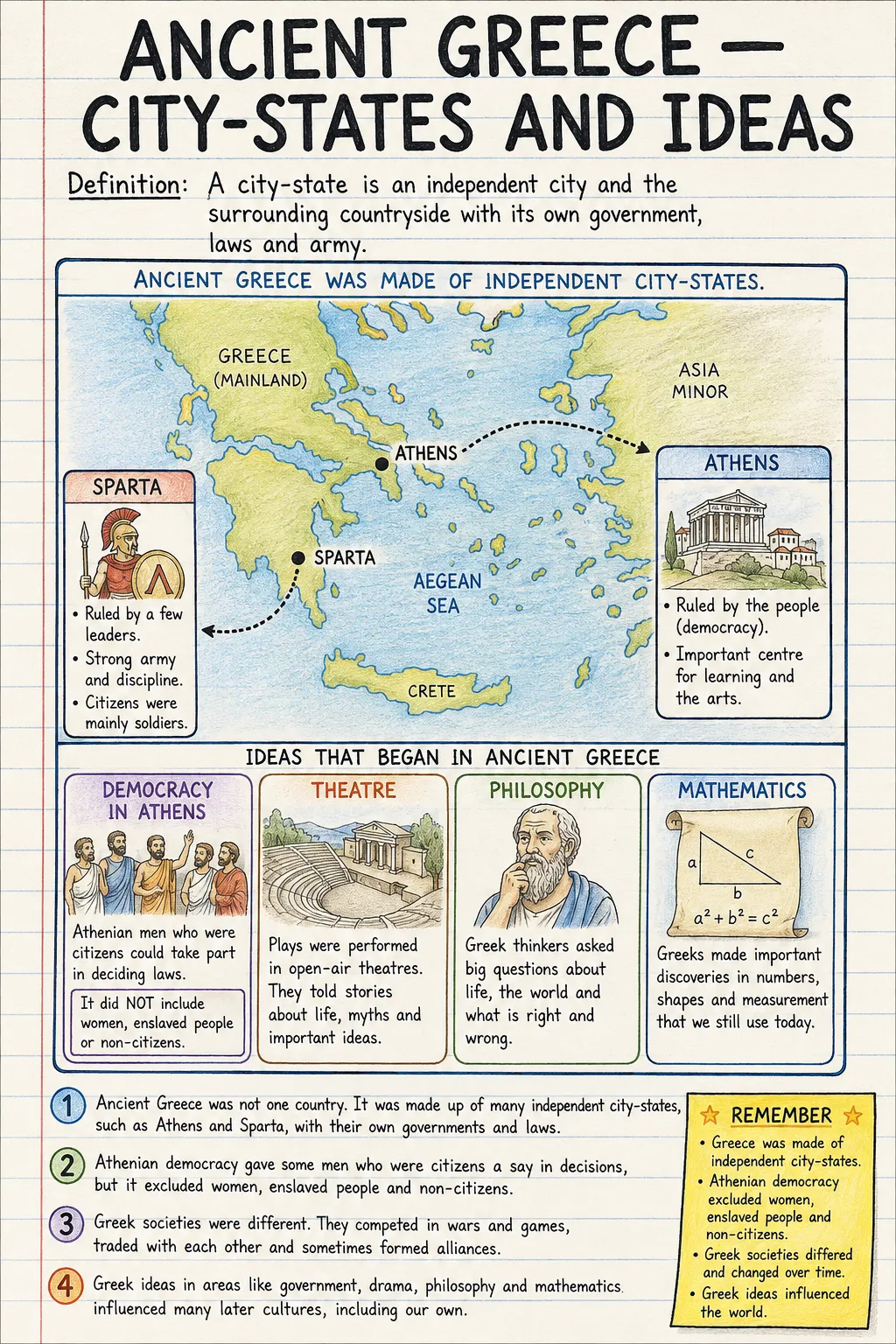 Ancient Greece: city-states and ideas: a handwritten, illustrated one-page guide for primary school.