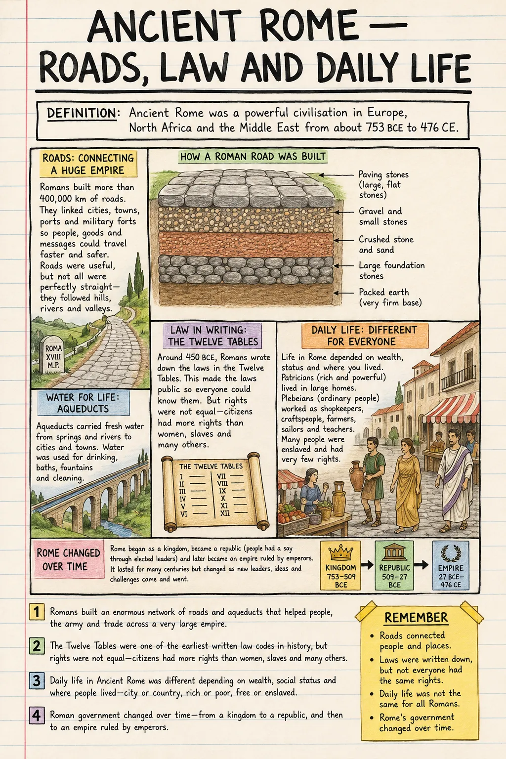 Ancient Rome: roads, law and daily life : une fiche manuscrite illustrée d’une page pour le primaire. Texte de l’image en anglais.