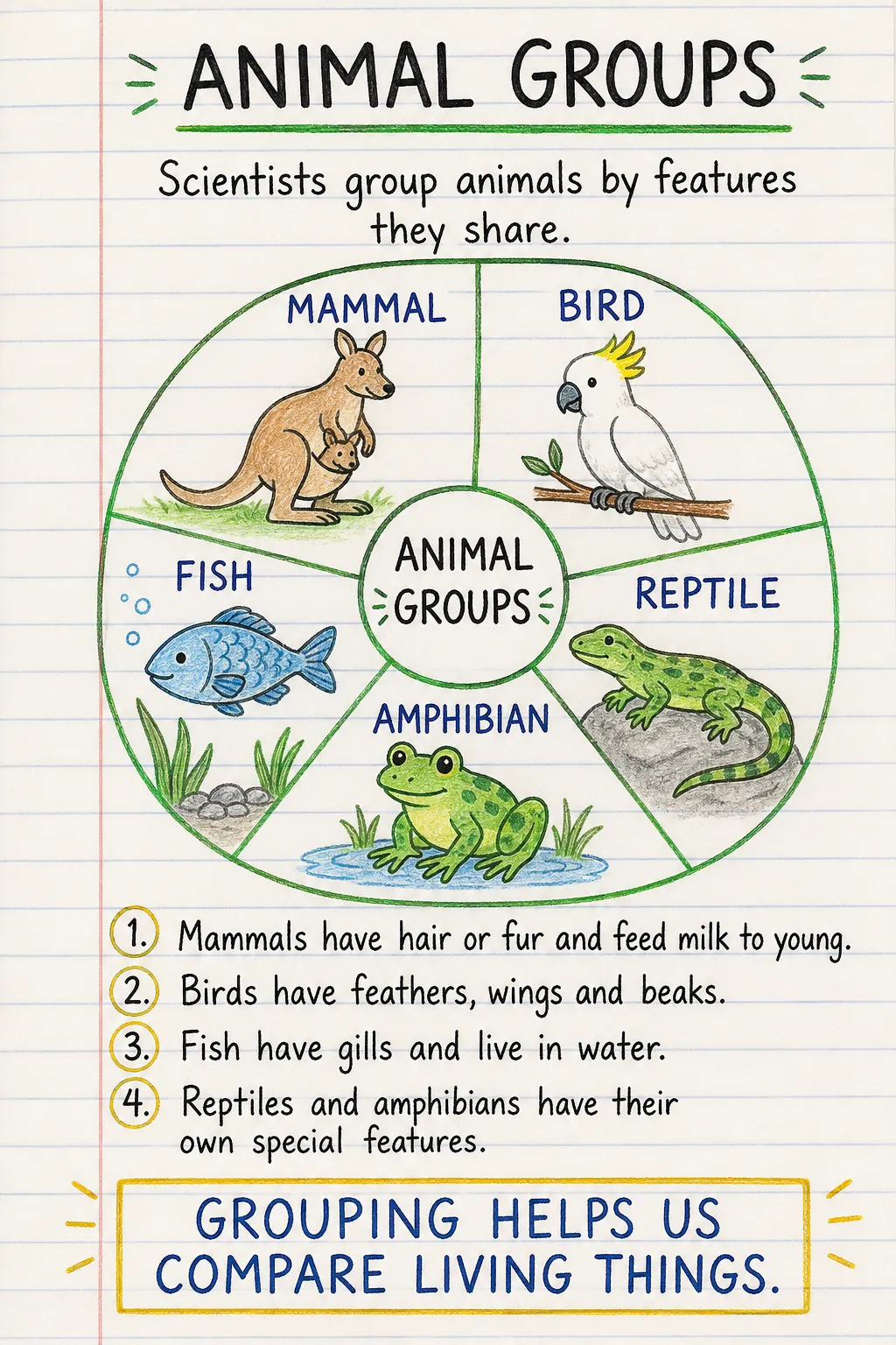 Animal groups: mammals, birds, fish, reptiles and amphibians: a handwritten, illustrated one-page guide for primary school.