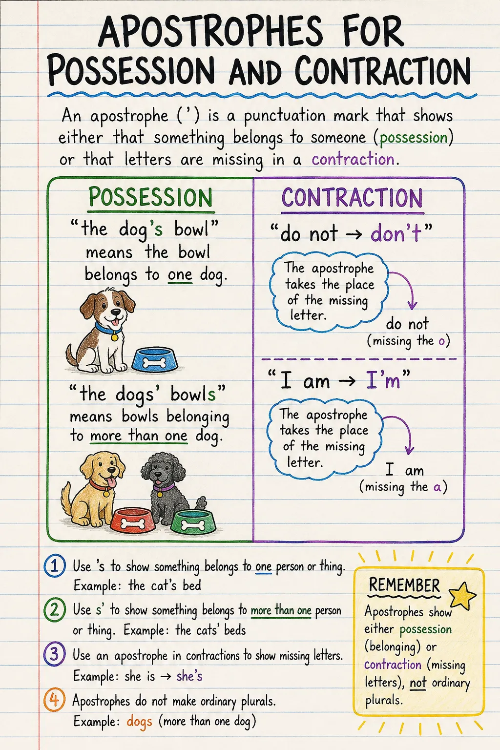 Apostrophes for possession and contraction: a handwritten, illustrated one-page guide for primary school.