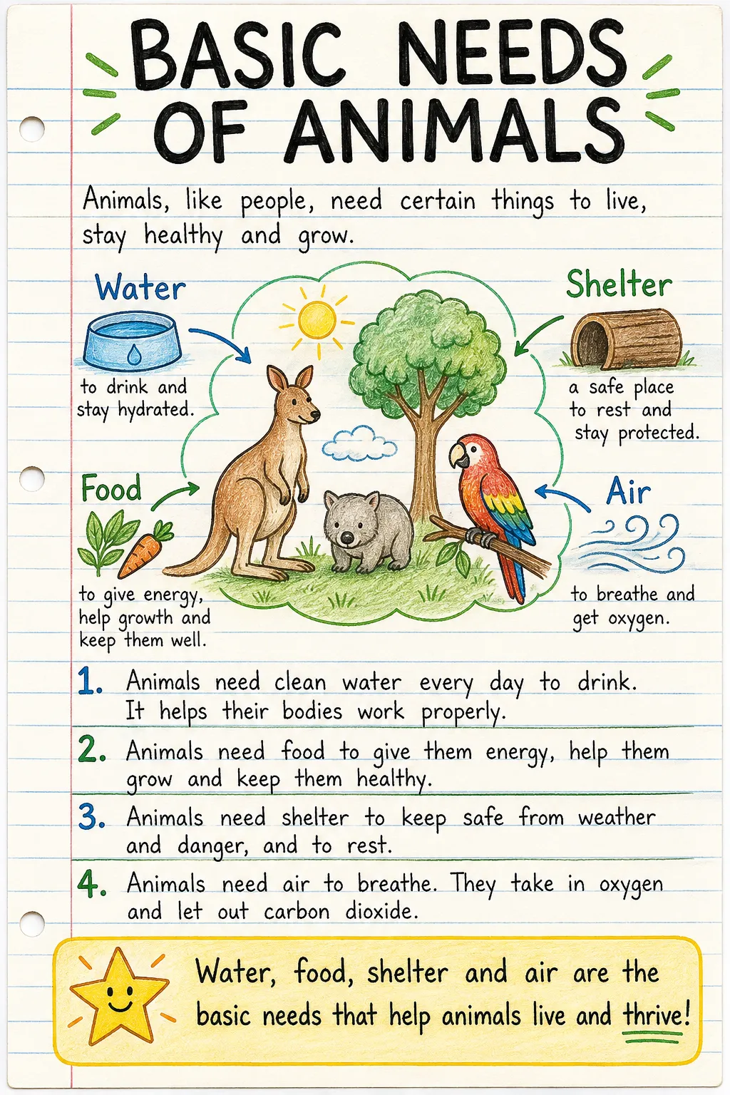 Basic needs of animals: a handwritten, illustrated one-page guide for primary school.