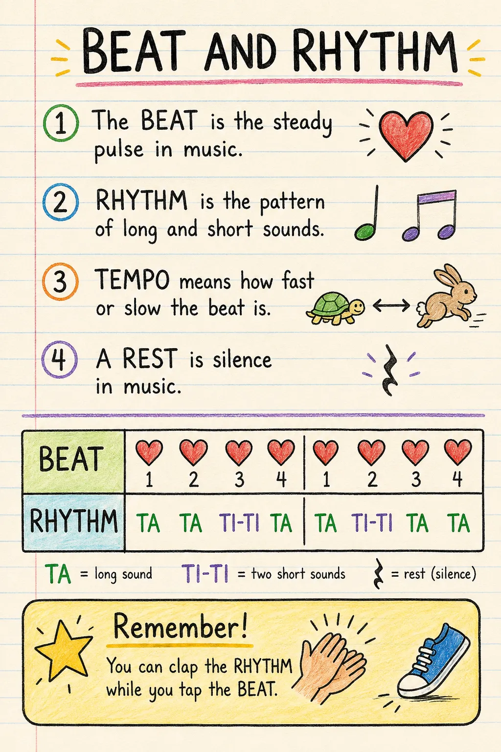 Beat and rhythm: a handwritten, illustrated one-page guide for primary school.