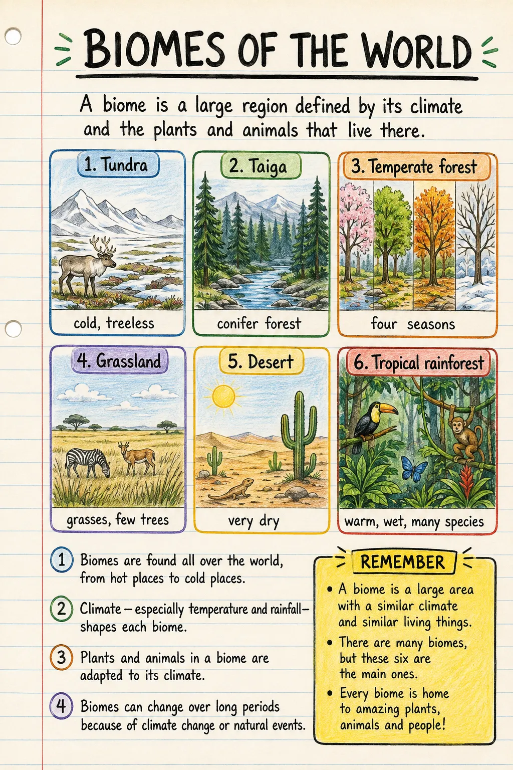 Biomes of the world: a handwritten, illustrated one-page guide for primary school.