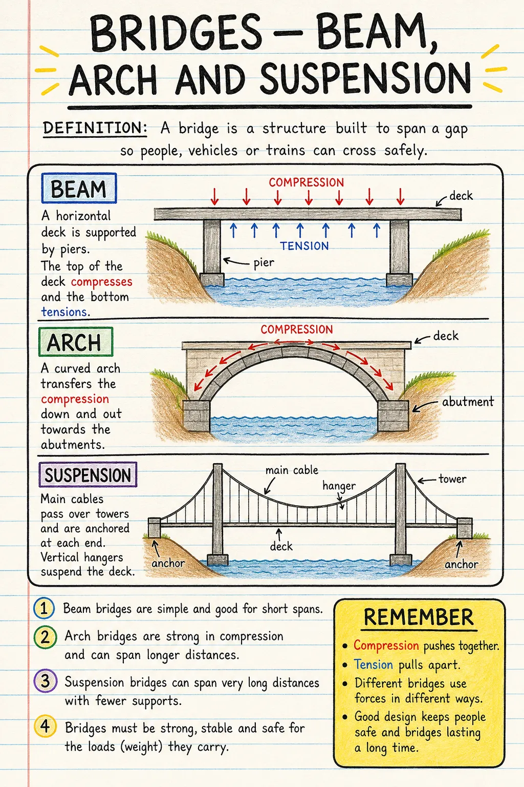 Bridges: beam, arch and suspension: una ficha manuscrita ilustrada de una página para primaria. El texto de la imagen está en inglés.