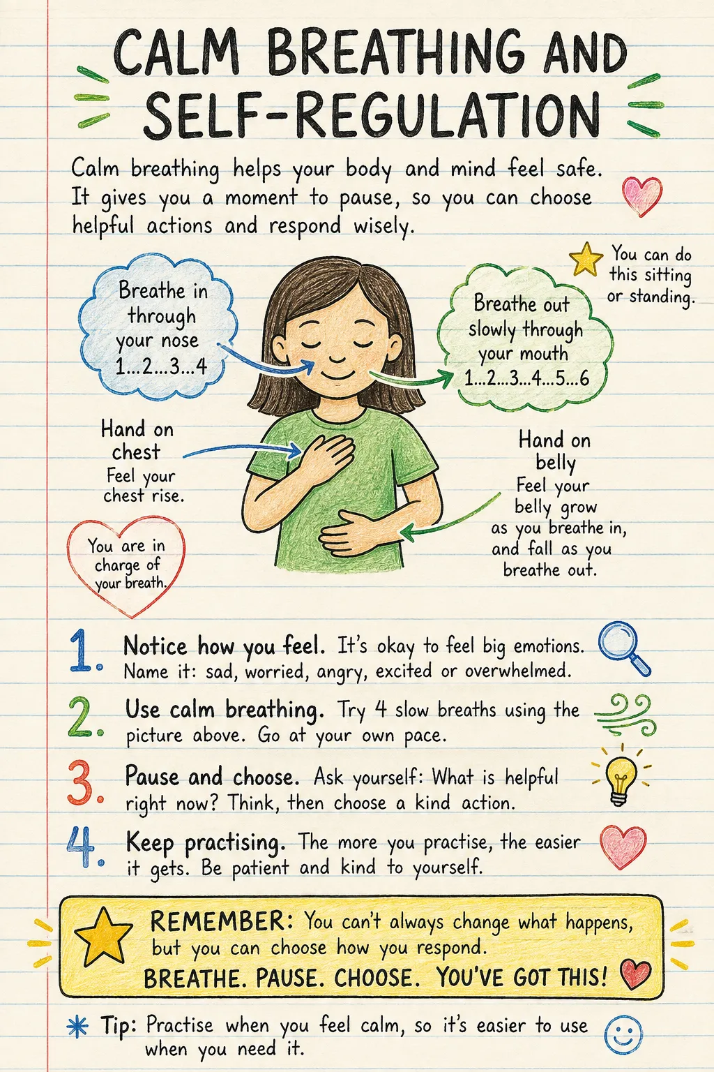 Calm breathing and self-regulation: una ficha manuscrita ilustrada de una página para primaria. El texto de la imagen está en inglés.