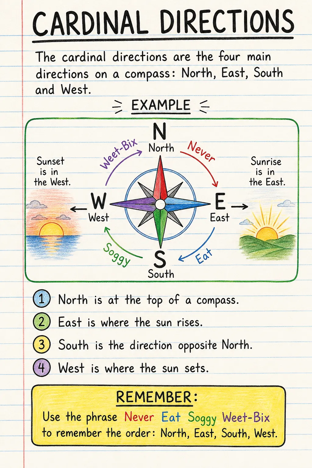 Cardinal directions: a handwritten, illustrated one-page guide for primary school.