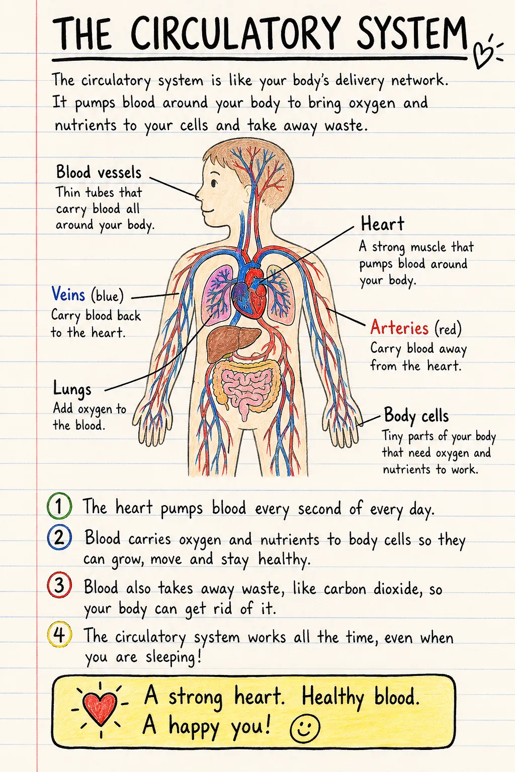 The circulatory system: a handwritten, illustrated one-page guide for primary school.