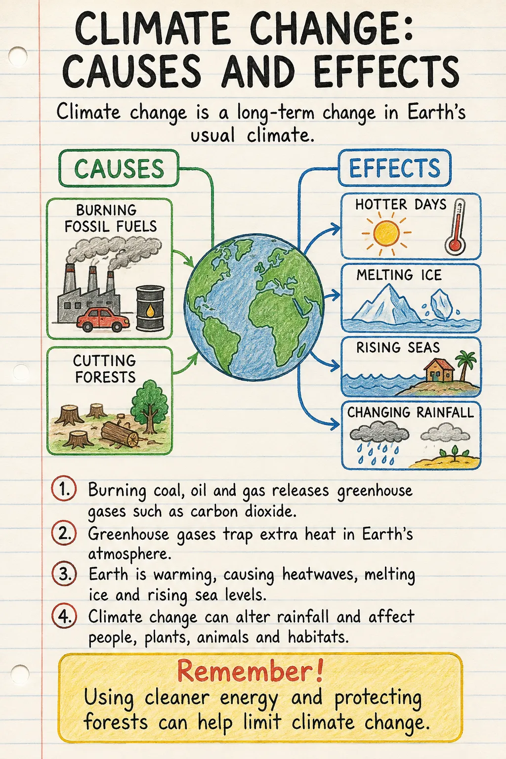 Climate change: causes and effects: a handwritten, illustrated one-page guide for primary school.