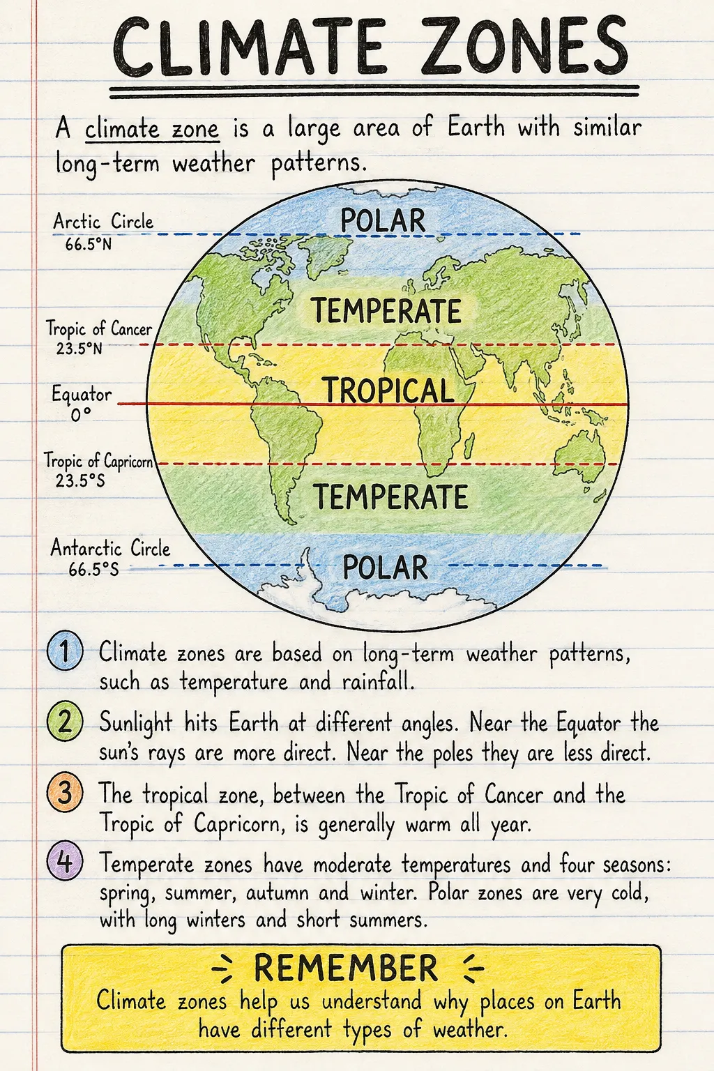 Climate zones: a handwritten, illustrated one-page guide for primary school.
