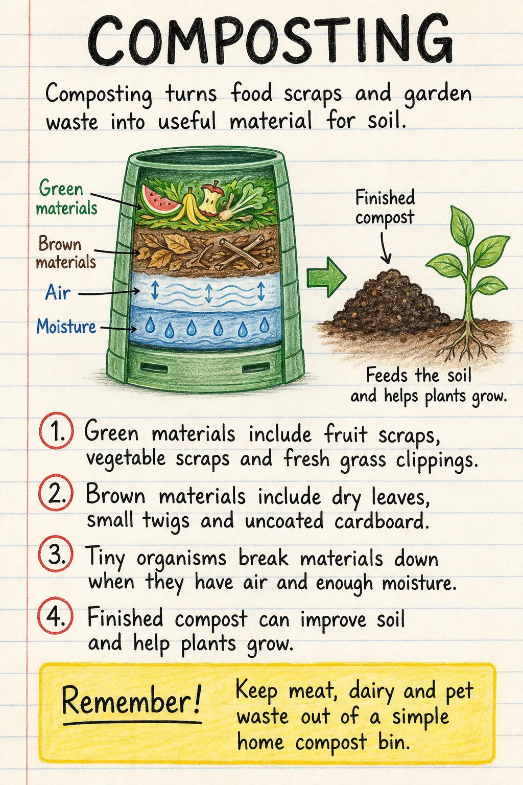 Composting: una ficha manuscrita ilustrada de una página para primaria. El texto de la imagen está en inglés.