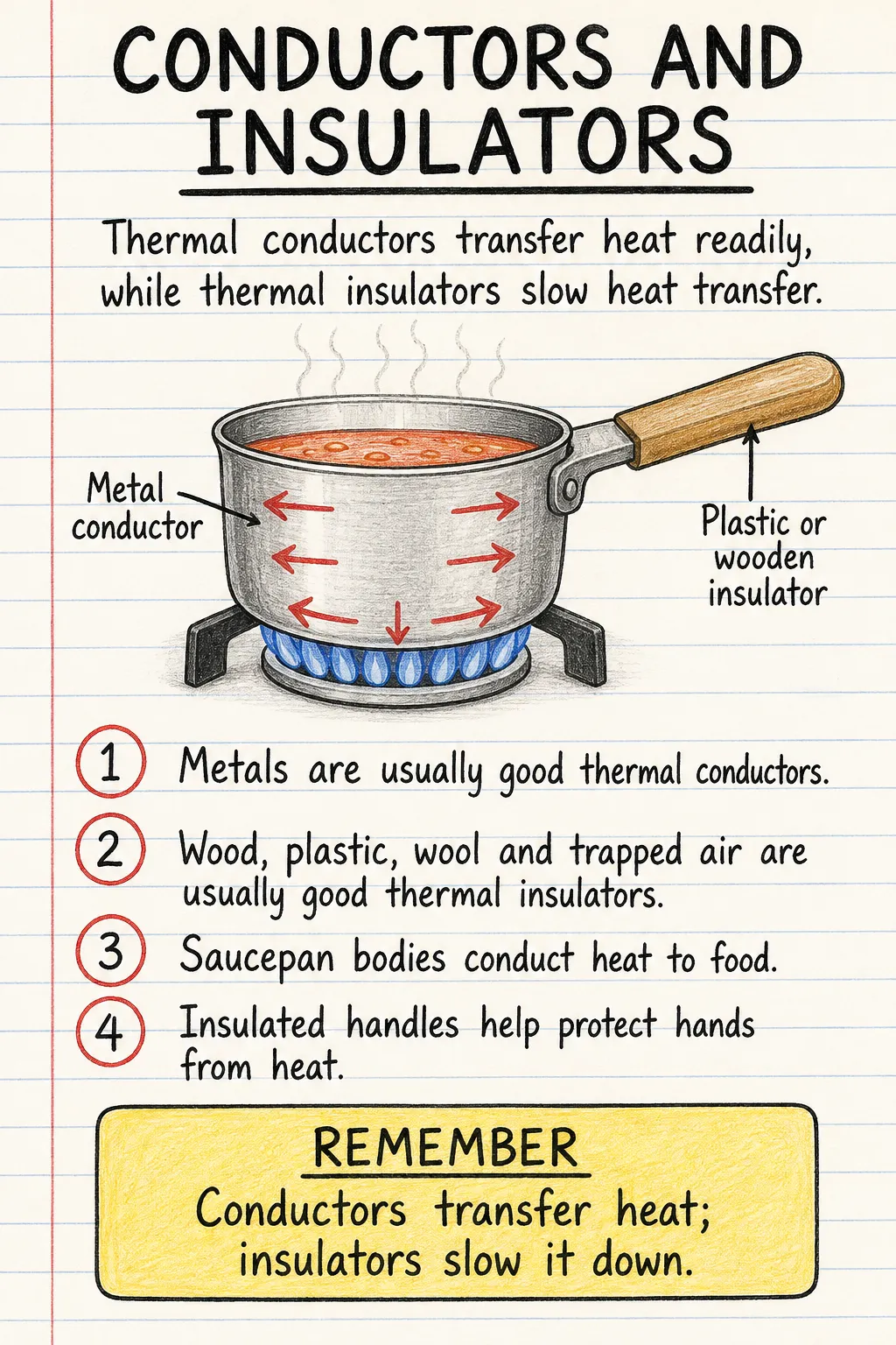 Conductors and insulators: a handwritten, illustrated one-page guide for primary school.