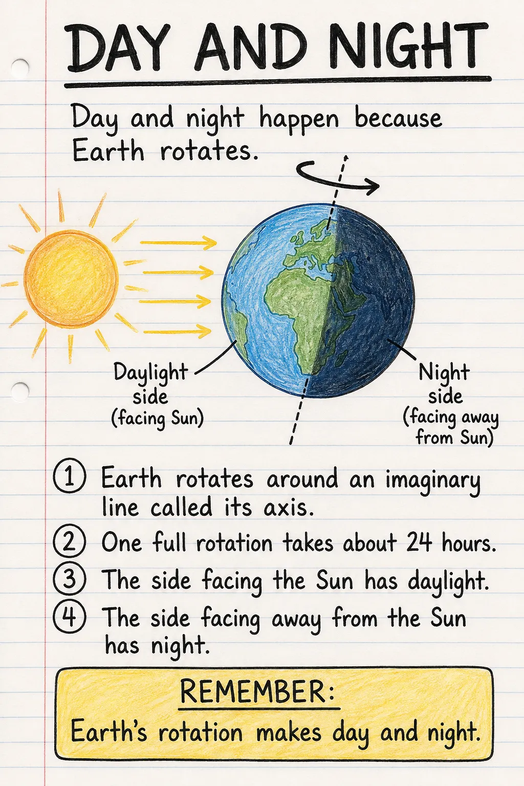 Day and night: a handwritten, illustrated one-page guide for primary school.