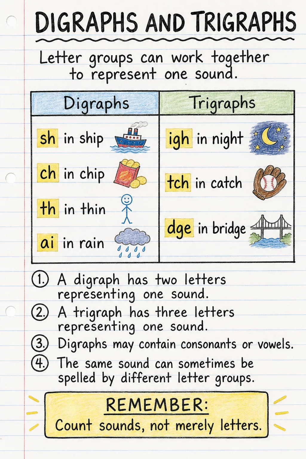 Digraphs and trigraphs: a handwritten, illustrated one-page guide for primary school.