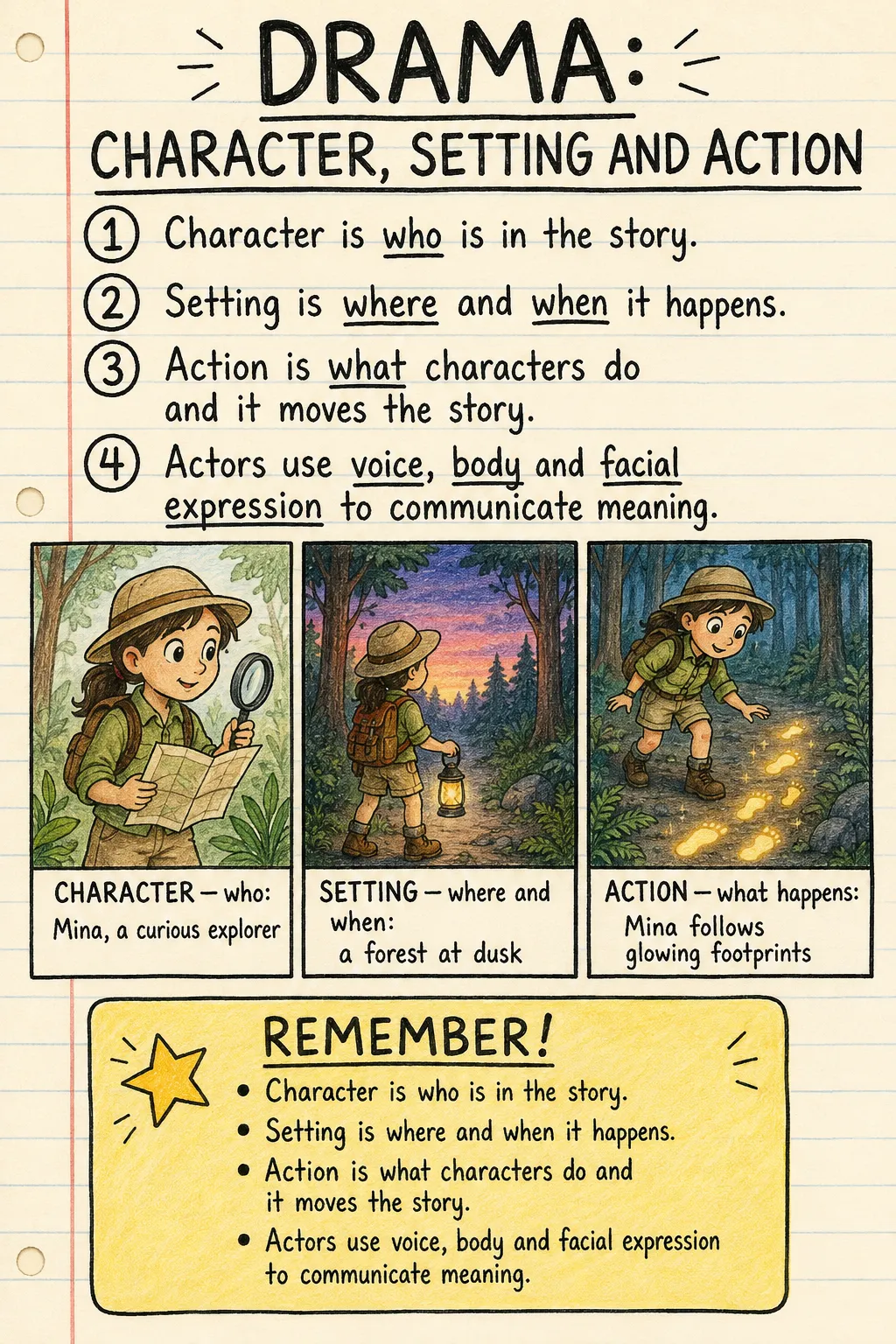 Drama: character, setting and action: a handwritten, illustrated one-page guide for primary school.
