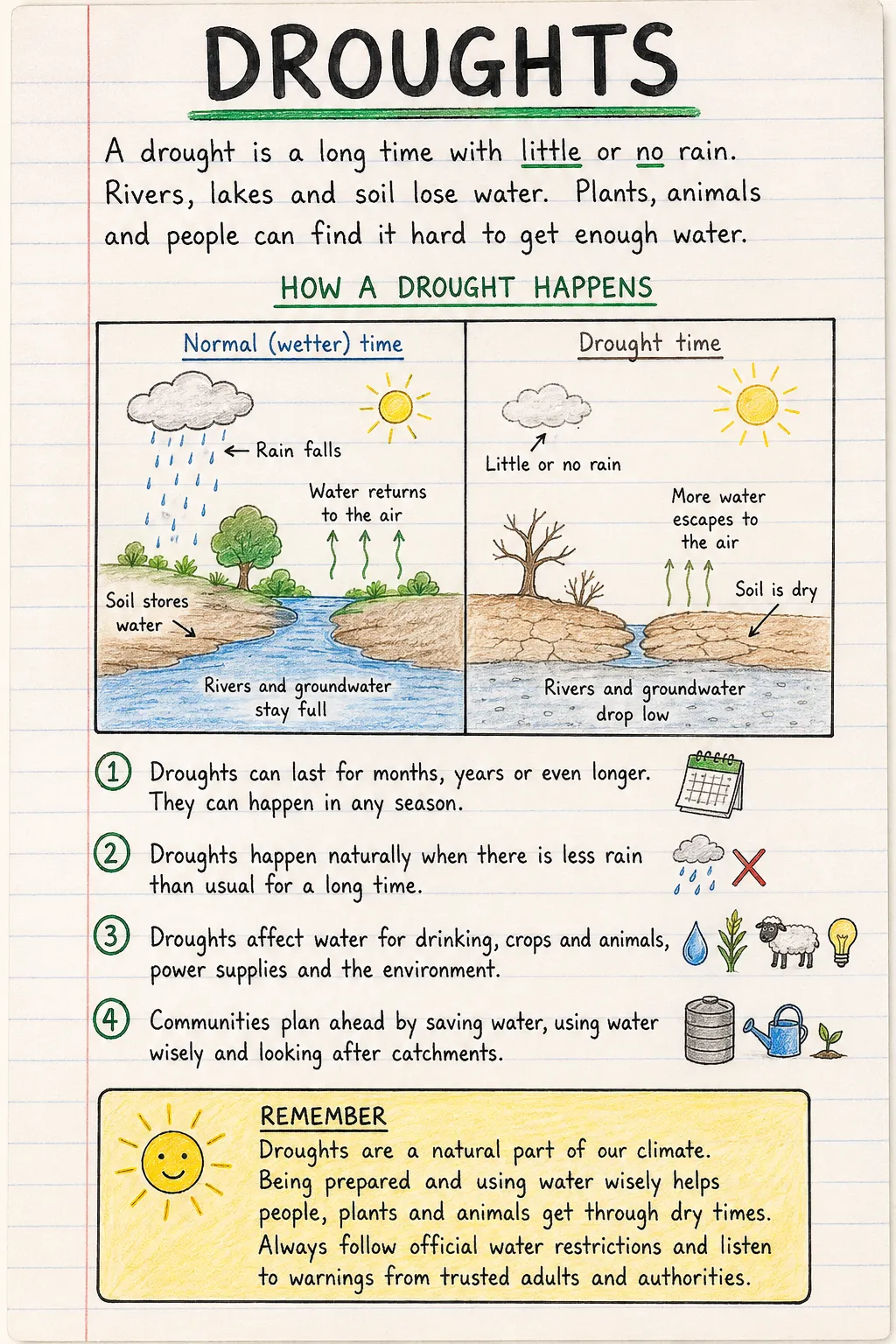 Droughts: una ficha manuscrita ilustrada de una página para primaria. El texto de la imagen está en inglés.