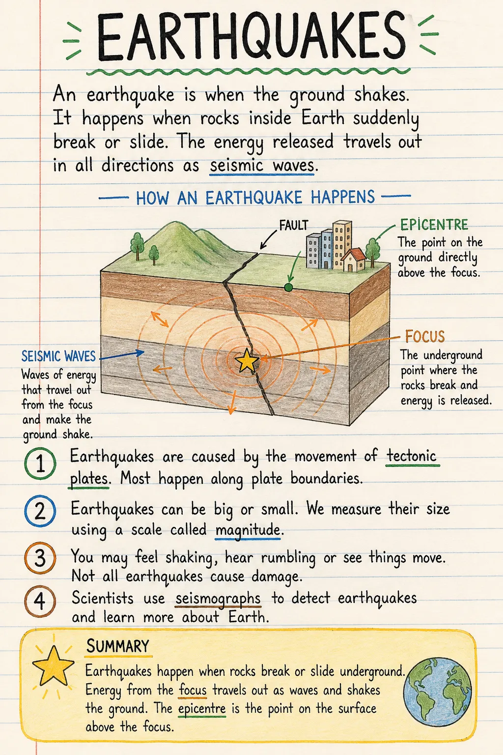 Earthquakes: a handwritten, illustrated one-page guide for primary school.