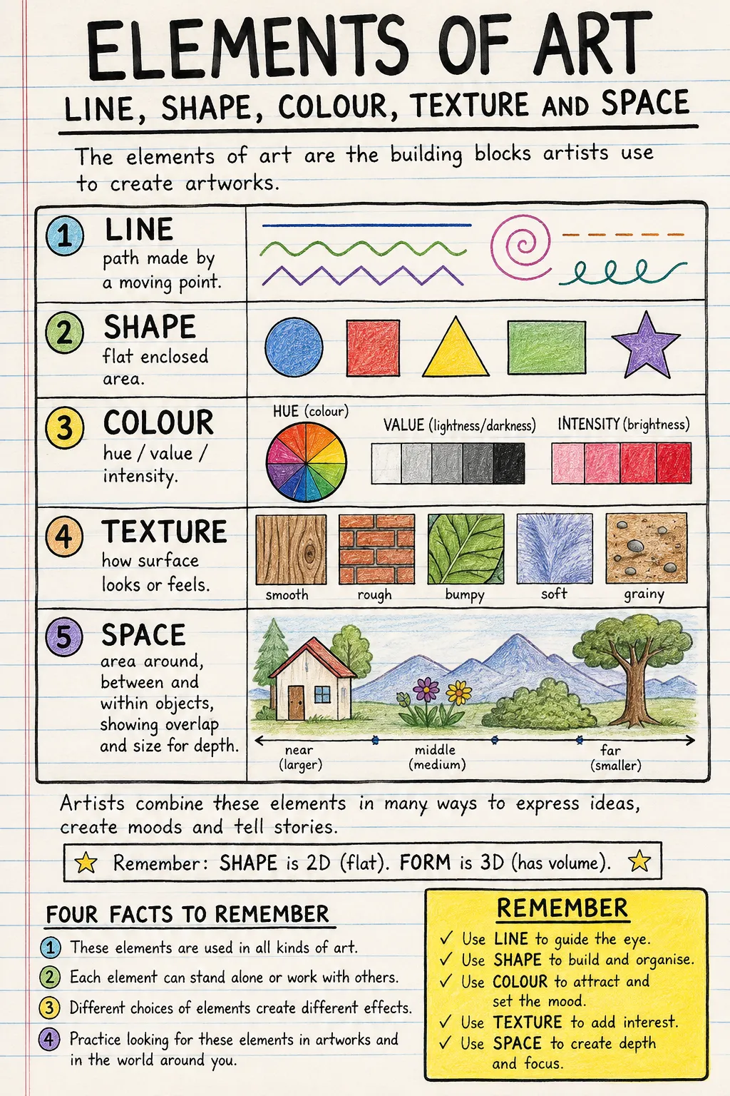 Elements of art: line, shape, colour, texture and space: a handwritten, illustrated one-page guide for primary school.