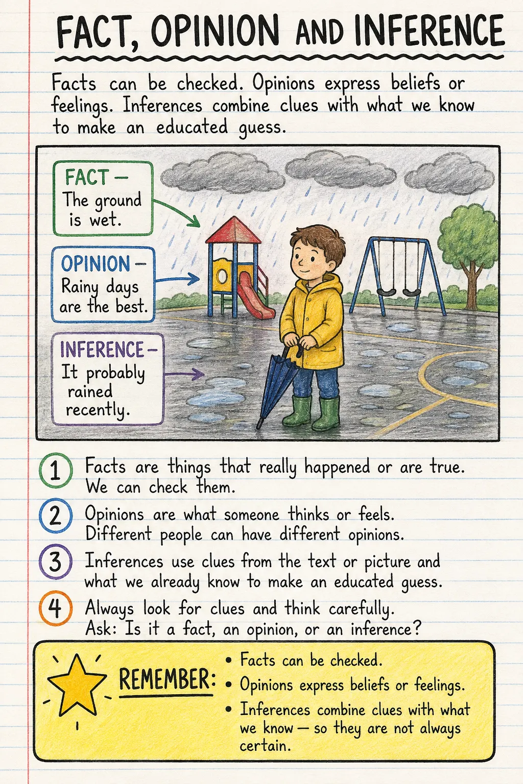 Fact, opinion and inference: a handwritten, illustrated one-page guide for primary school.
