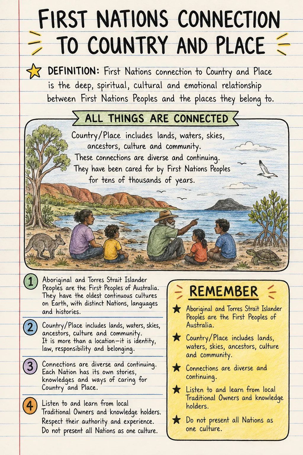 First Nations connection to Country and Place: a handwritten, illustrated one-page guide for primary school.