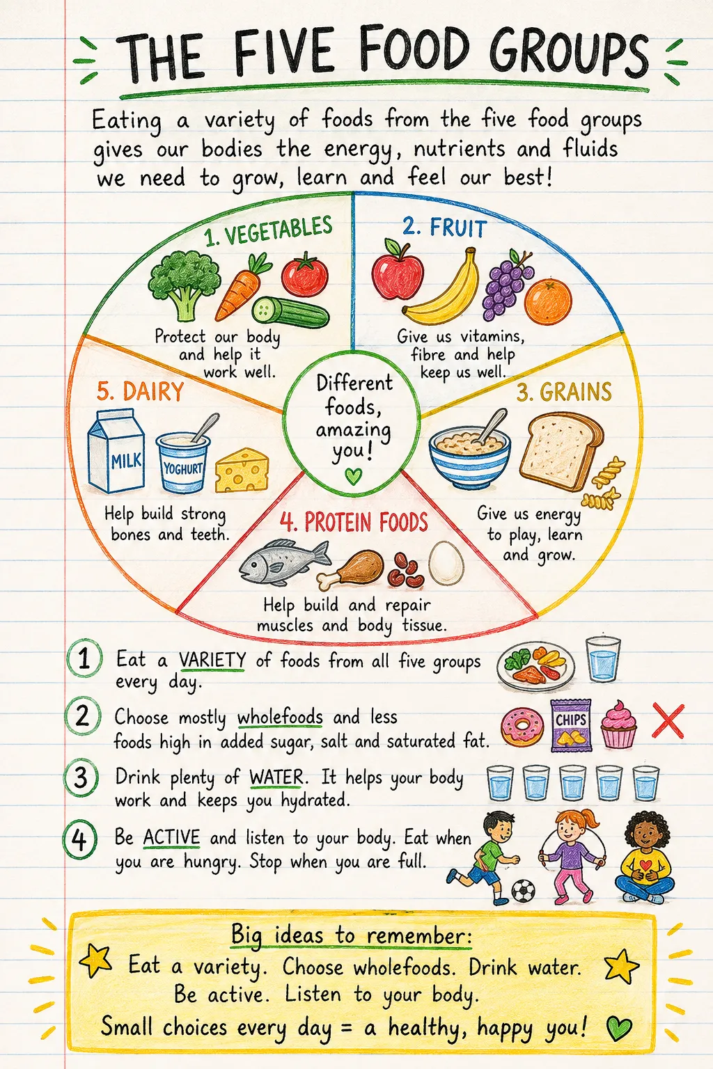 The five food groups: a handwritten, illustrated one-page guide for primary school.