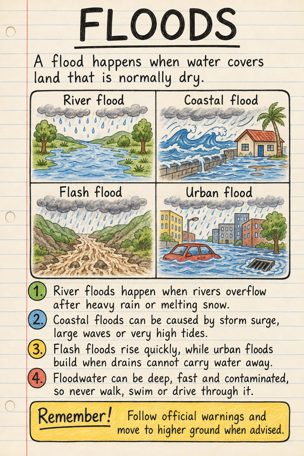 Floods: a handwritten, illustrated one-page guide for primary school.
